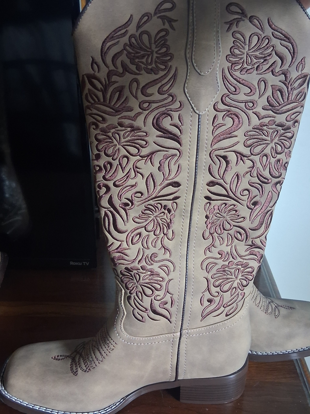 Embroidered Over-the-Knee Women's Tan Boots